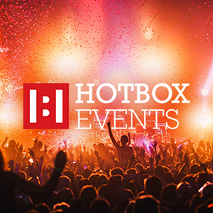 Hotbox Events logo with stage background photo