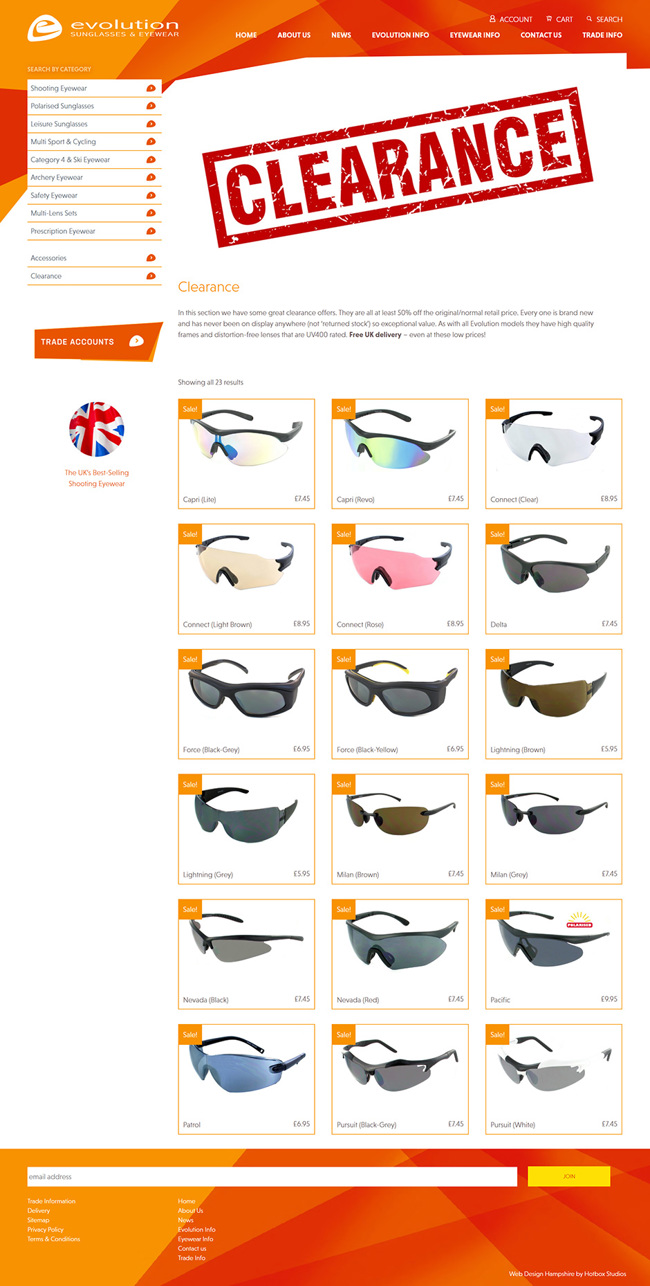 Evolution Sunglasses and Eyewear Website Design and WordPress Development SP013 Product Clearance