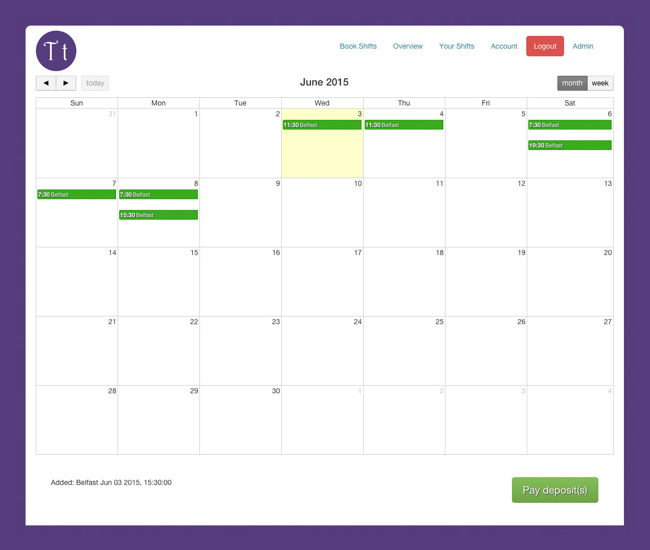 Taylormade Treatments Staff Scheduling And Management Web Application Development SP004 Staff Shift Calendar