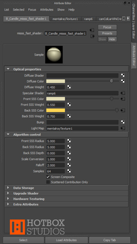 Mental Ray for Maya Subsurface Scattering Candle Wax Tutorial - Attribute Editor showing candle wax misss_fast_shader