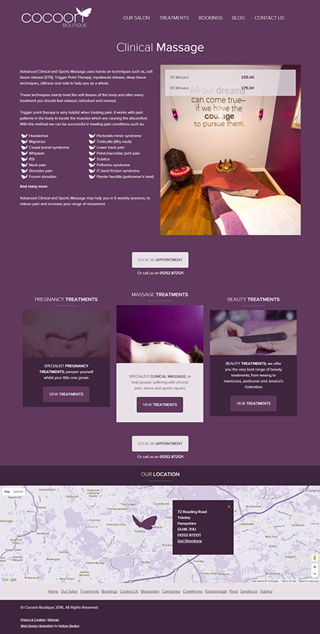 Cocoon Boutique Web Design - Screen print 005 - Clinical Massage