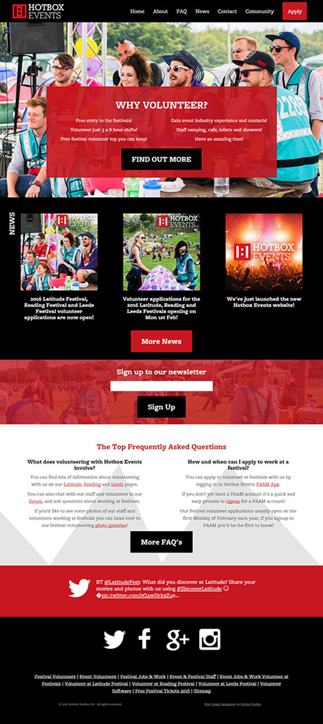 Hotbox Events Festival Volunteering Umbraco Web Design - Screen print 001 - Homepage