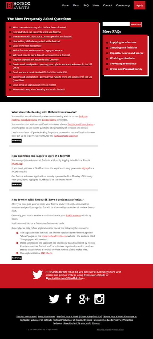 Hotbox Events Festival Volunteering Umbraco Web Design - Screen print 004 - FAQ