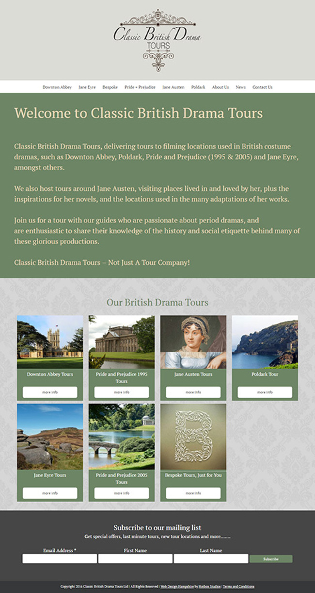 Classic British Drama Tours WordPress Web Design - Screen Print 001 Homepage