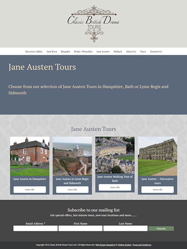 Classic British Drama Tours WordPress Web Design - Screen Print 003 Jane Austen Tours