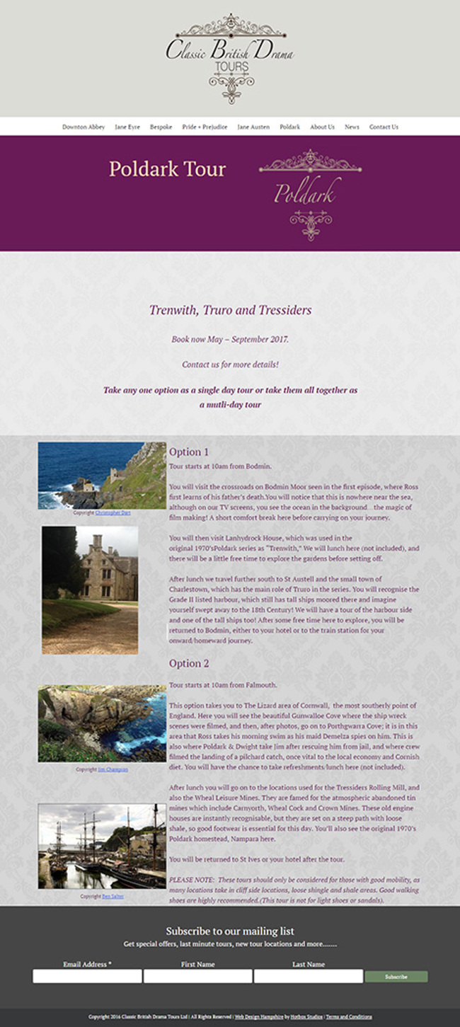 Classic British Drama Tours WordPress Web Design - Screen Print 007 Poldark Tours