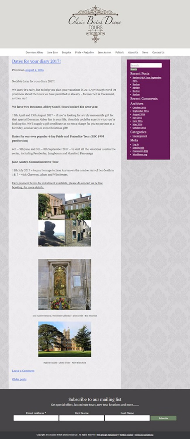 Classic British Drama Tours WordPress Web Design - Screen Print 010 News