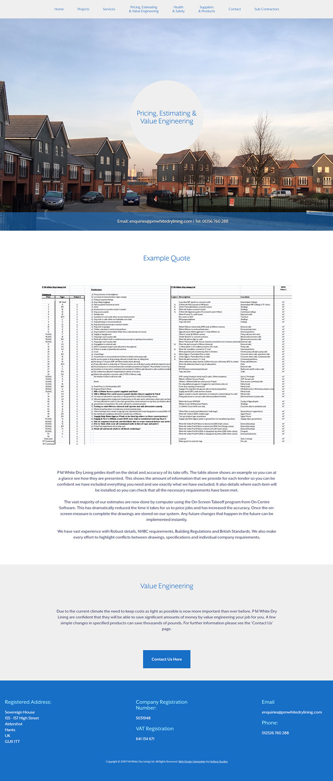 PM White Dry Lining Website Design and WordPress Development SP007 Pricing Estimating Value Engineering