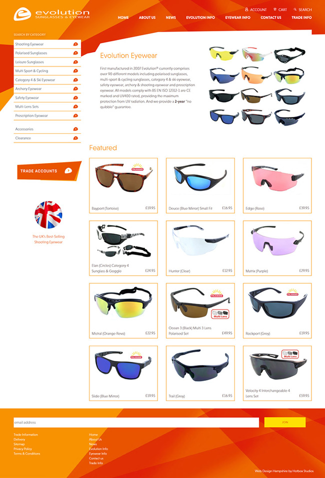 Evolution Sunglasses and Eyewear Website Design and WordPress Development SP001 Homepage
