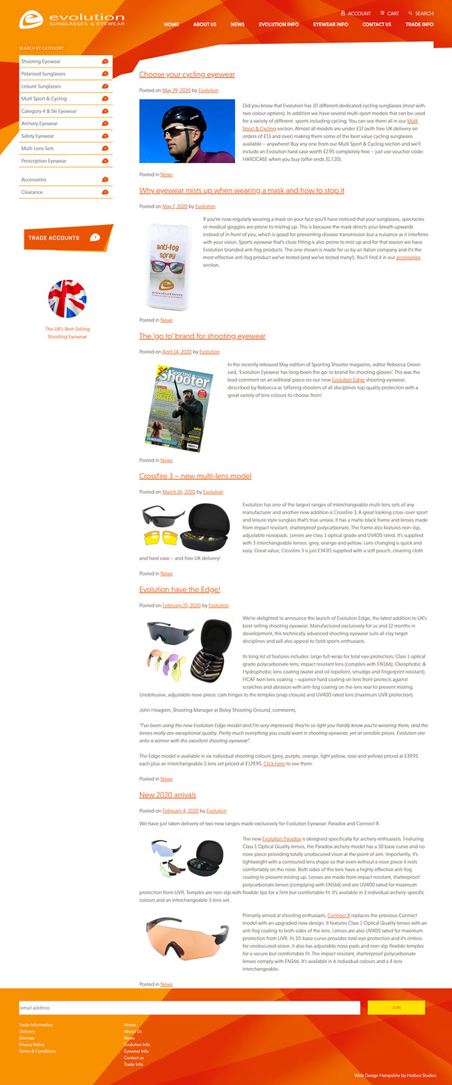 Evolution Sunglasses and Eyewear Website Design and WordPress Development SP002 News