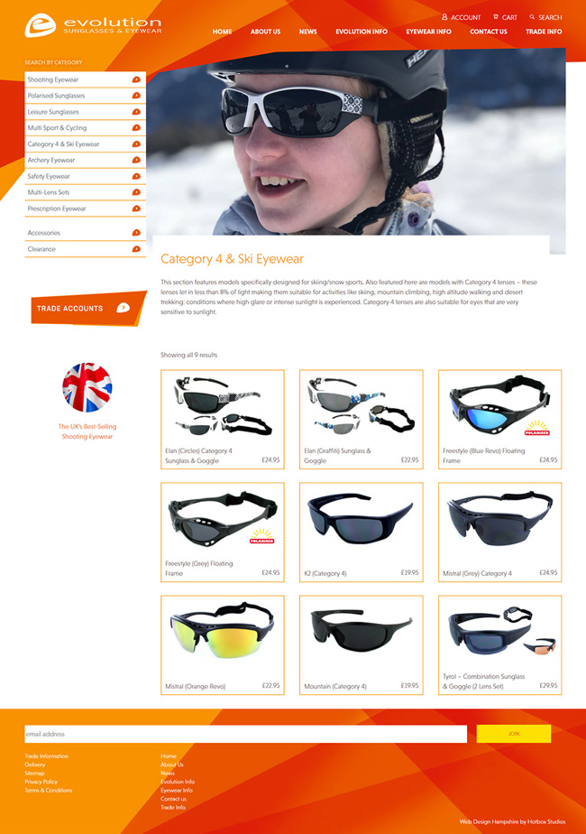 Evolution Sunglasses and Eyewear Website Design and WordPress Development SP007 Product Category 4 Ski Eyewear