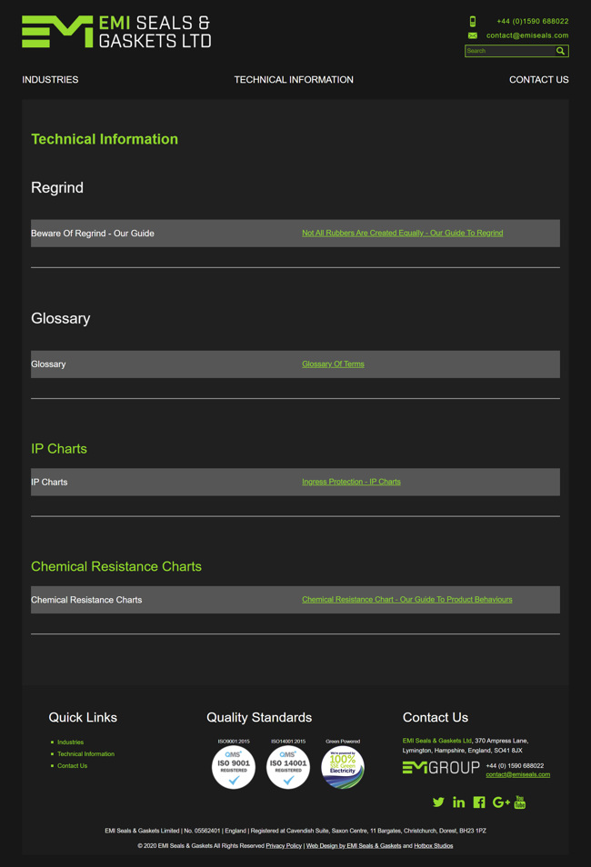 EMI Seals and Gaskets Website Design and WordPress Development SP014 Technical Information