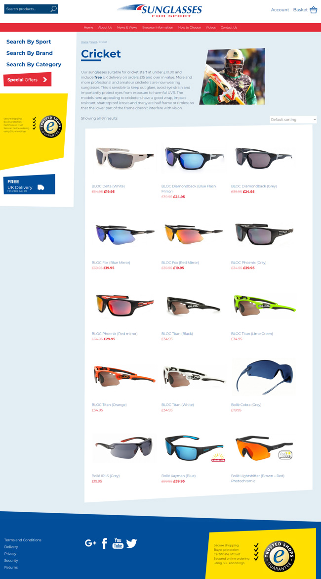 Sunglasses For Sport Website Design and WordPress Development SP005 Shop Cricket