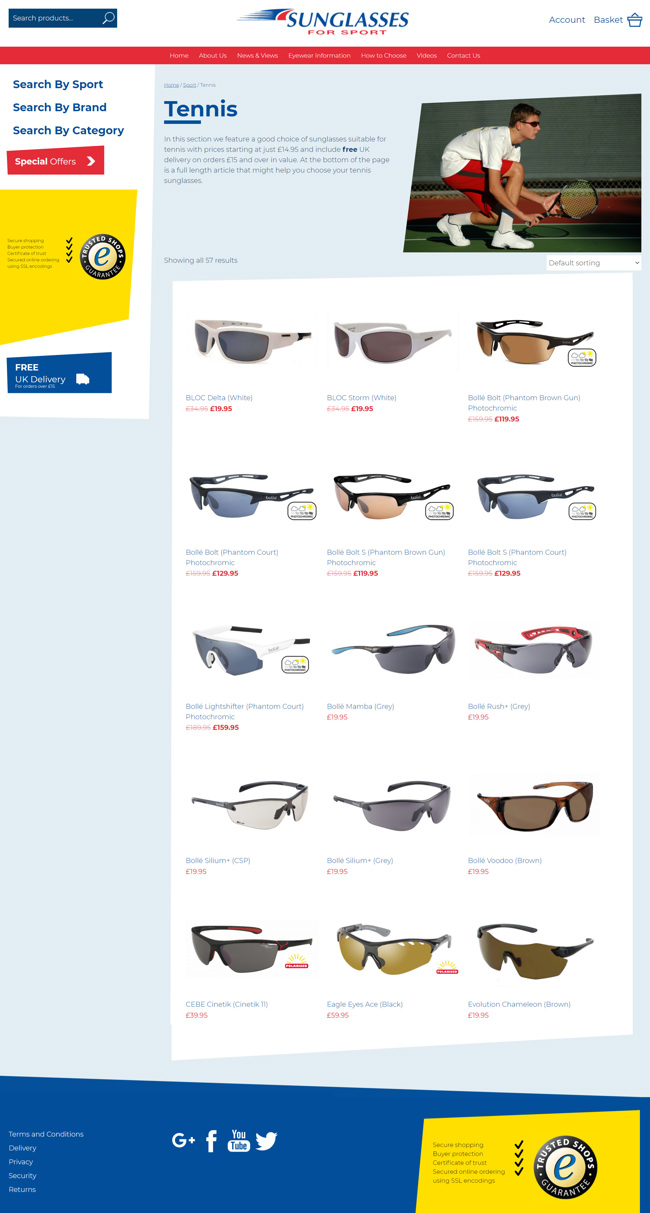 Sunglasses For Sport Website Design and WordPress Development SP013 Shop Tennis