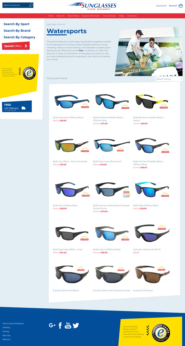 Sunglasses For Sport Website Design and WordPress Development SP014 Shop Watersports