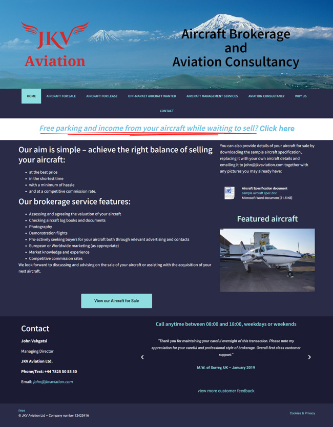 JKV Aviation Website Design and WordPress Development SP001 Homepage