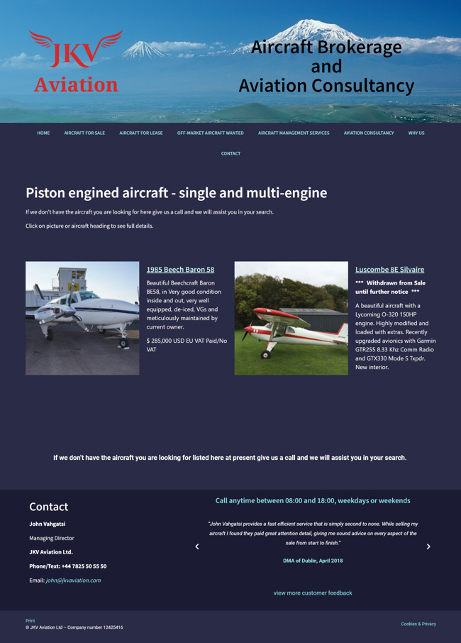 JKV Aviation Website Design and WordPress Development SP002 Aircraft For Sale