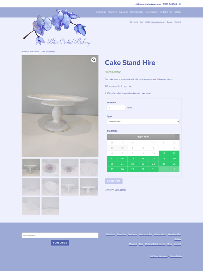 Blue Orchid Bakery Website Design and WordPress Web Development SP012 Ecommerce Cake Stand Hire