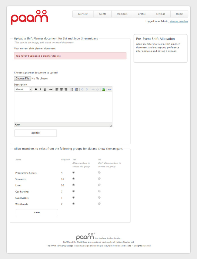 PAAM Web Application Development SP004 Admin Add Shift Planner