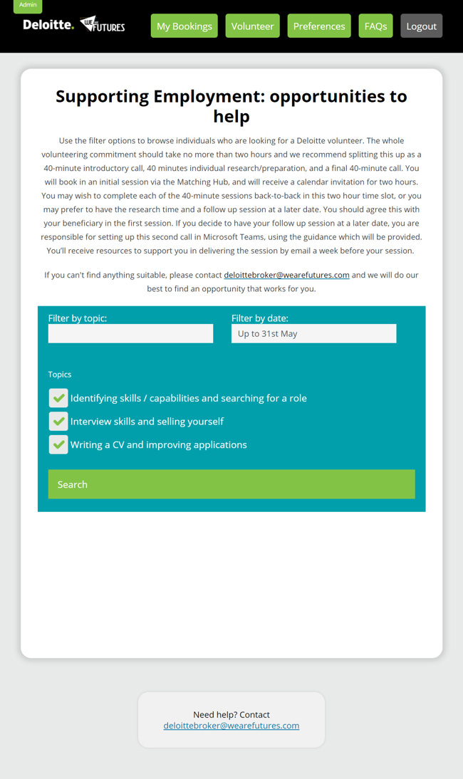 We Are Futures Deloitte Virtual Coaching Hub Web Application Development SP007 Deloitte Volunteer Supporting Employment