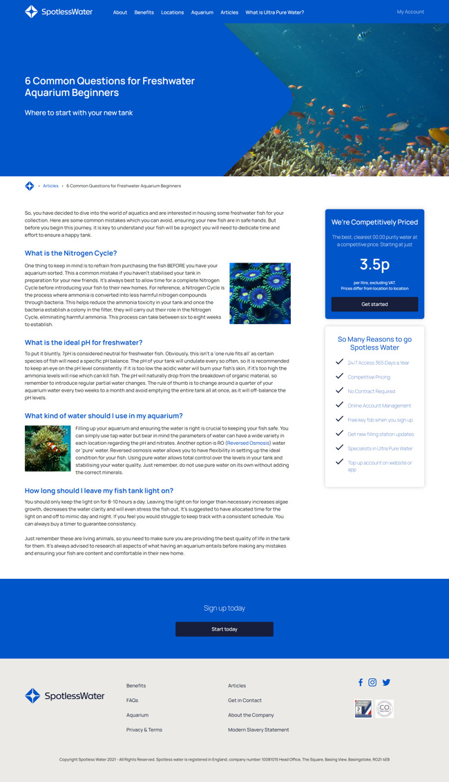 Spotless Water Website Design and WordPress Web Development SP007 Article Questions For Freshwater Aquarium Beginners