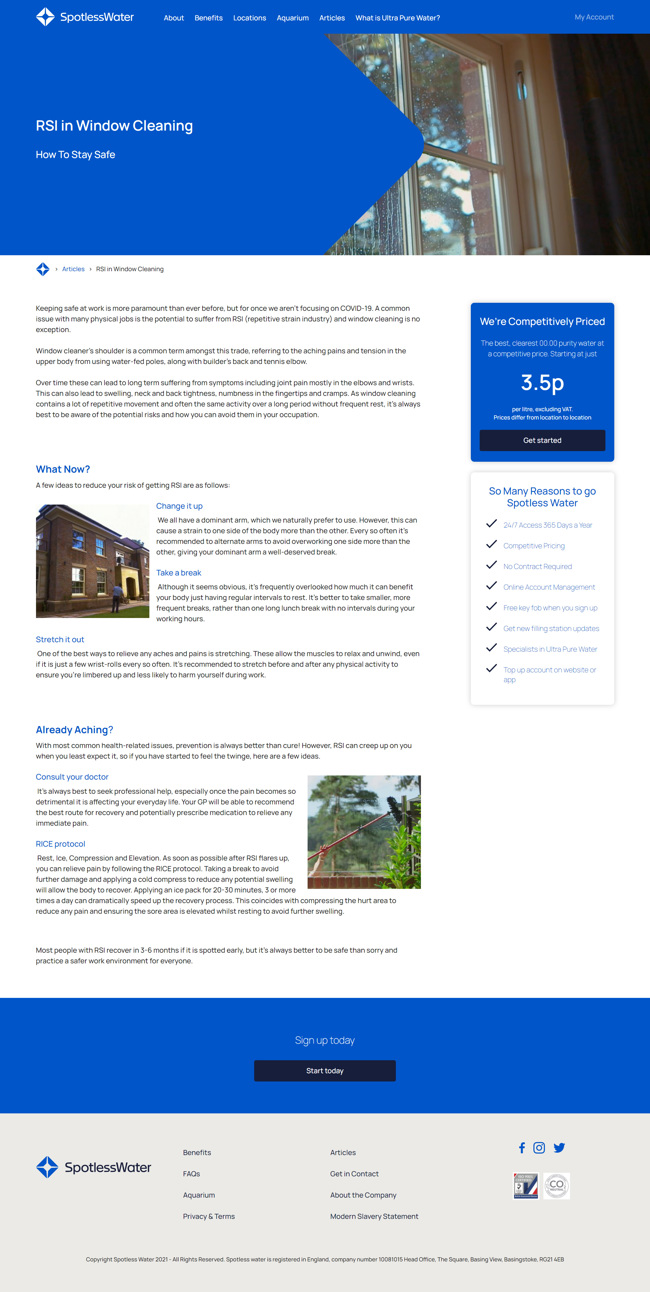 Spotless Water Website Design and WordPress Web Development SP008 Article RSI Window Cleaning