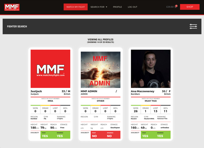 Match My Fight Community Portal Web App Development SP005 Fighter Search Results