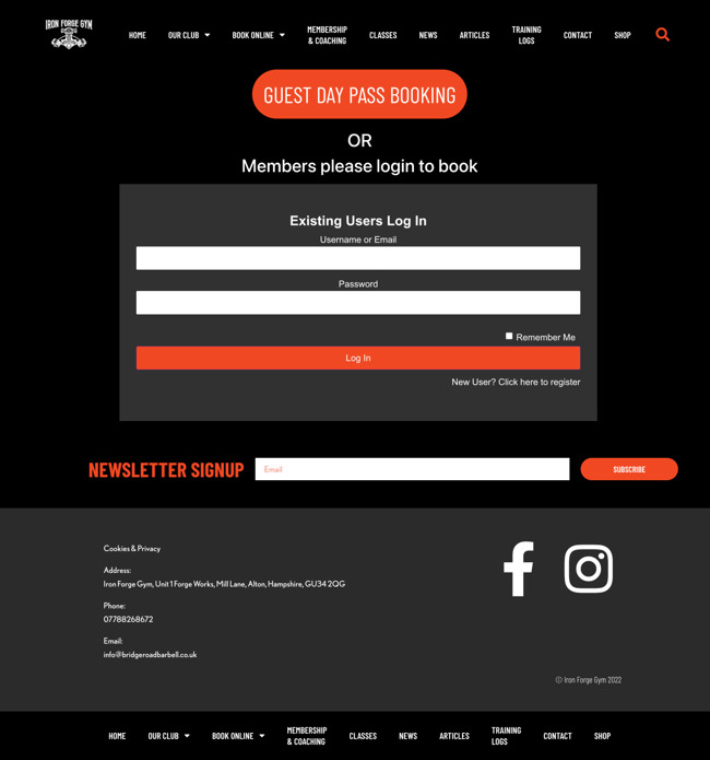 Bridge Road Barbell Gym Booking System Ecommerce Web App Development SP001 Guest Pass Or Login