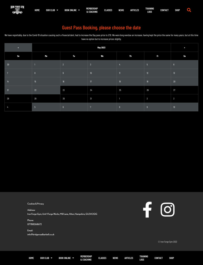 Bridge Road Barbell Gym Booking System Ecommerce Web App Development SP002 Book Guest Pass Calendar