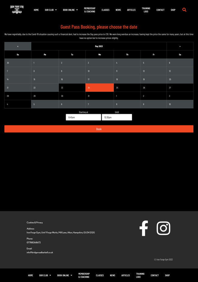 Bridge Road Barbell Gym Booking System Ecommerce Web App Development SP003 Book Guest Pass Calendar Select